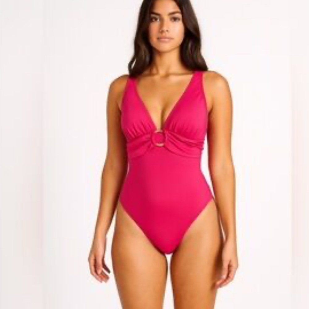 Michael Michael Kors Size 6 Pink One Piece Ruched Gold Ring Logo Swimsuit NEW!